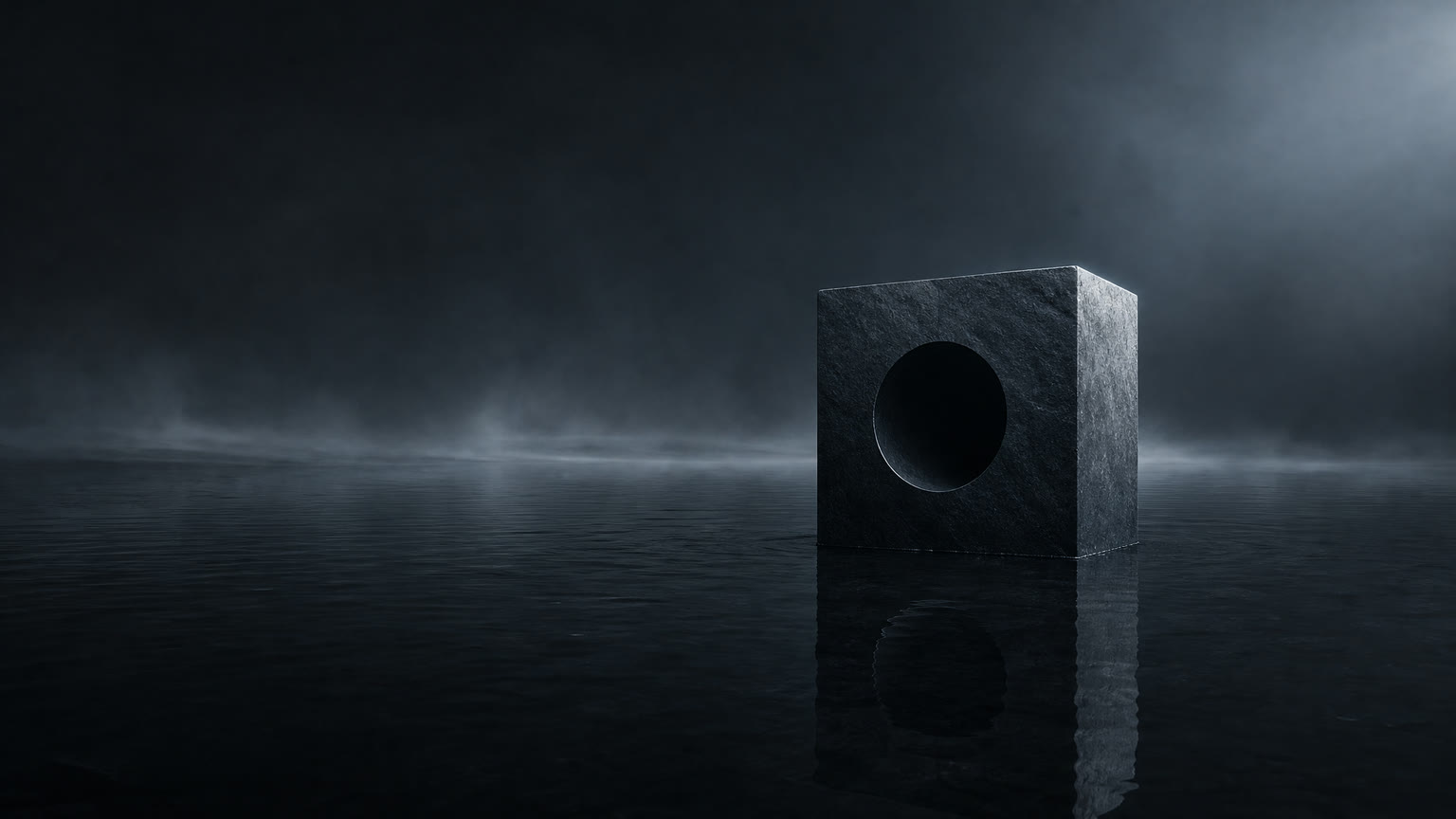 a stone cube with a round void standing in still dark water